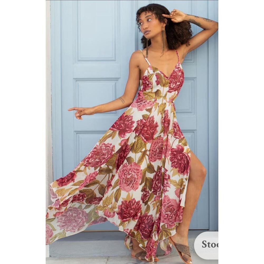 Joyfolie Athena Dress Womens Size XXS Bougainvillea Floral Maxi Spaghetti Straps